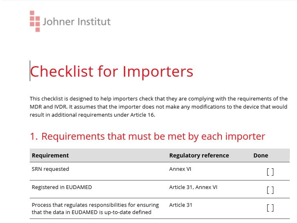 Screenshot of the checklist for importers