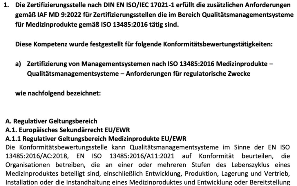Excerpt from the accreditation certificate issued by the DAkkS for TÜV SÜD