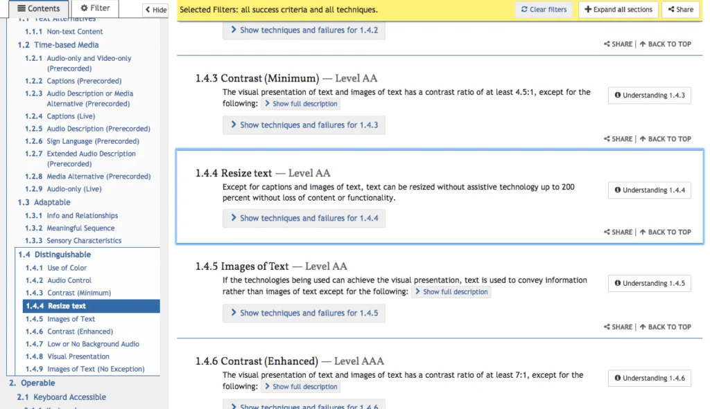 Accessibility: Screenshot of the WCAG requirements